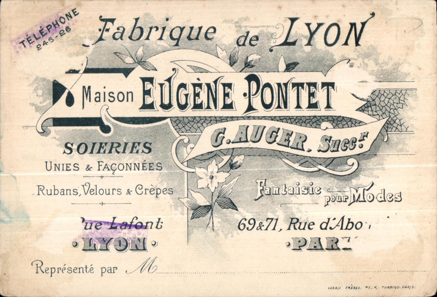 Carte de visite Fabrique de Lyon Maison Eugene Pontet Soieries Rue d abo 