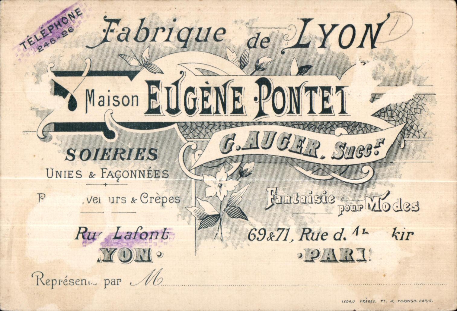 Carte de visite Fabrique de Lyon Maison Eugene Pontet Soieries Rue d abo 
