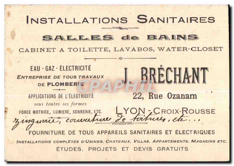 Carte de visite Lyon Installations Sanitaires Salles de Bains Cabinet a Toilette Lavabos Water Closet Rue Ozanam