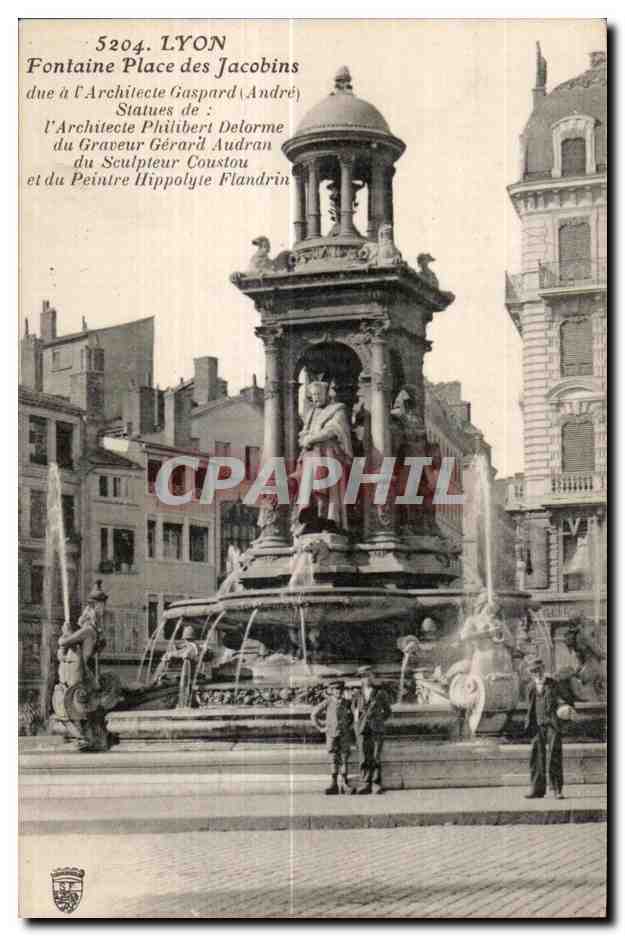 Lyon - Fontaine Place des Jacobins — Architecture de Gaspard André, statues de Philibert Delorme, gravure de Gérard Audran, peinture d'Hippolyte Flandrin