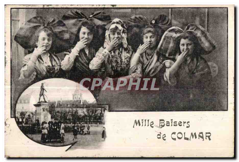 Mille Baisers de COLMAR — scène de jeunes filles avec écharpes et vue de la statue de Colmar