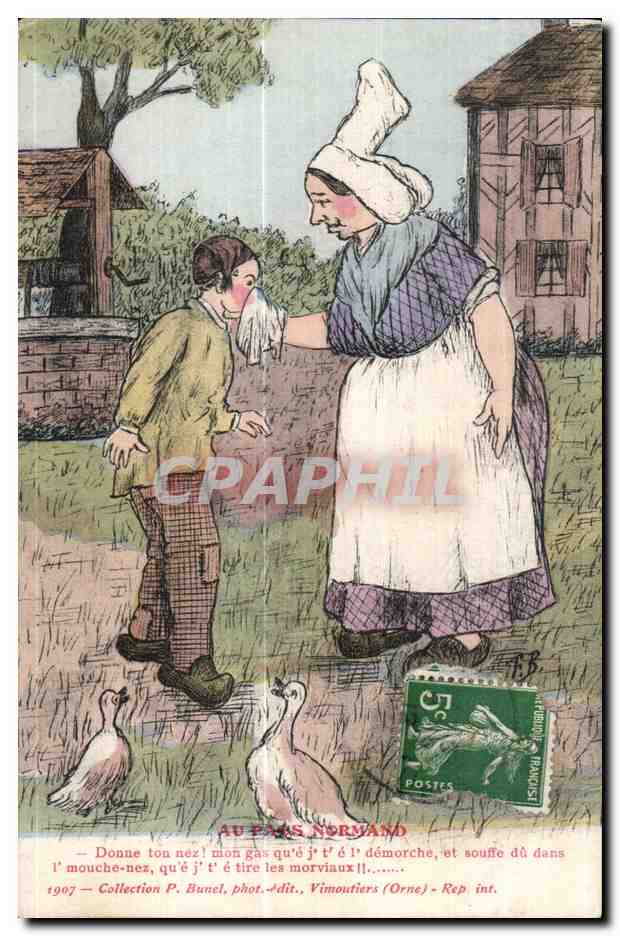 Au Pays Normand — femme et enfant jouant avec des canards — phot. Buel, Vimoutiers (Orne)