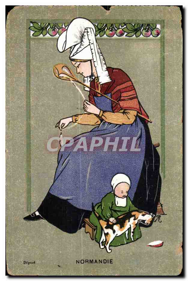 Femme normande à la broderie — enfant et chien — Déposé NORMANDIE