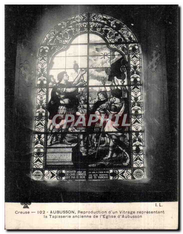 Aubusson — Reproduction d'un vitrage représentant la tapisserie ancienne de l'église d'Aubusson