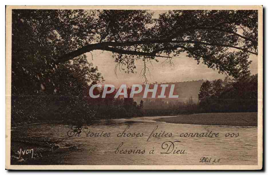 Paysage fluvial sous arbres — texte biblique — Yvon