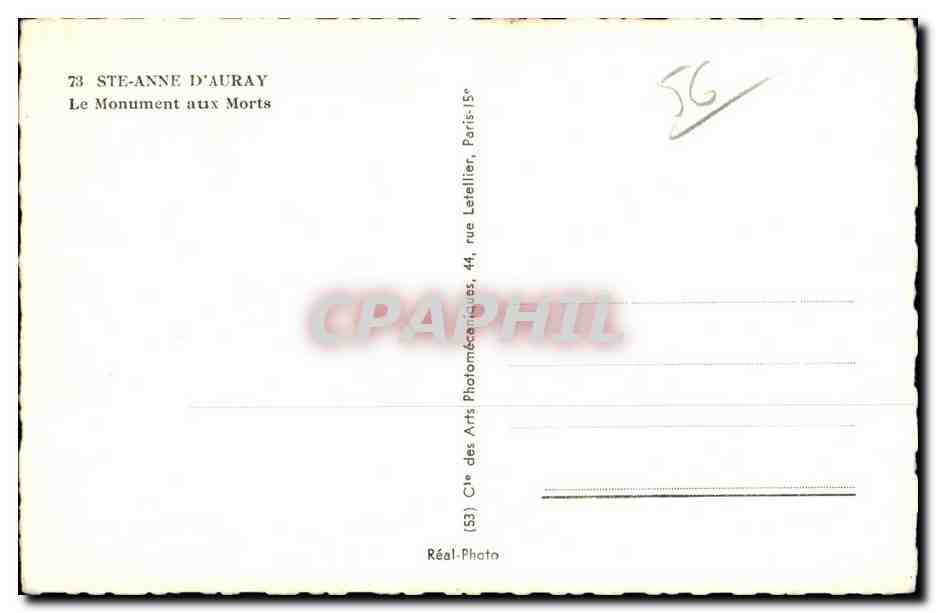 Sainte Anne d Auray - Le Monument aux Morts - CPA  — Verso