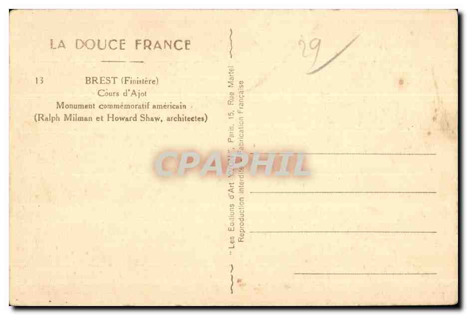 CPA Brest Cours d Ajot Monument Commemoratif — Rückseite