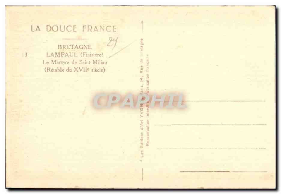 Lampaul (Finistère) — Le Martyre de Saint Miliau — Rétable du XVIIe siècle — Éditions d'Art YVON, Paris — Verso