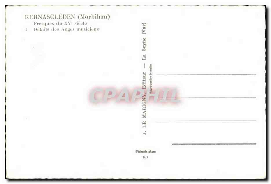 CPSM Kernascleden (Morbihan) Fresques du XV siecle Details des Auges musiciens — Rückseite