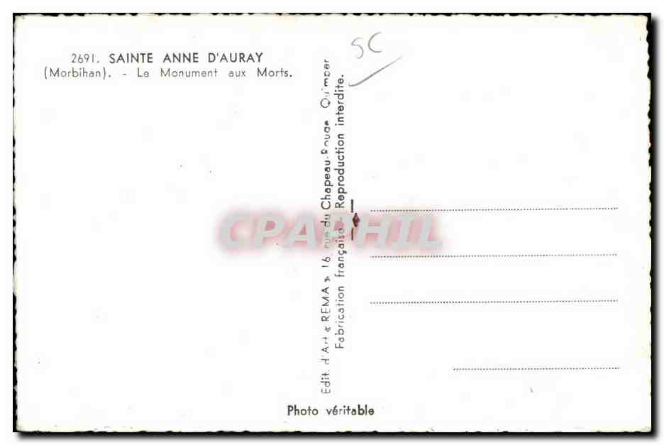 CPSM Sainte Anne D Auray (Morbihan) Le Monument aux Morts — Verso