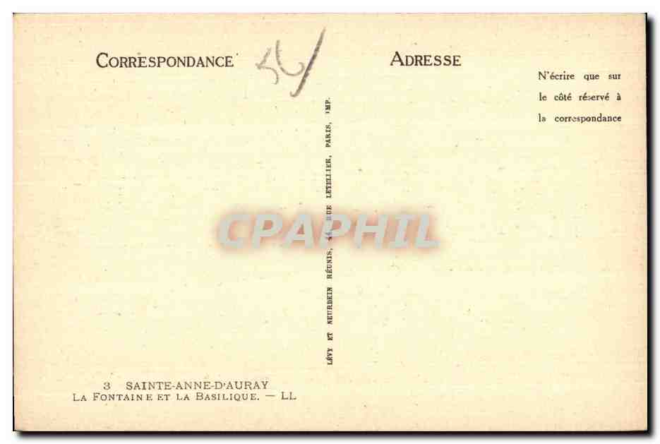 CPA Sainte Anne D Auray La Fontaine La Basilique  — Verso