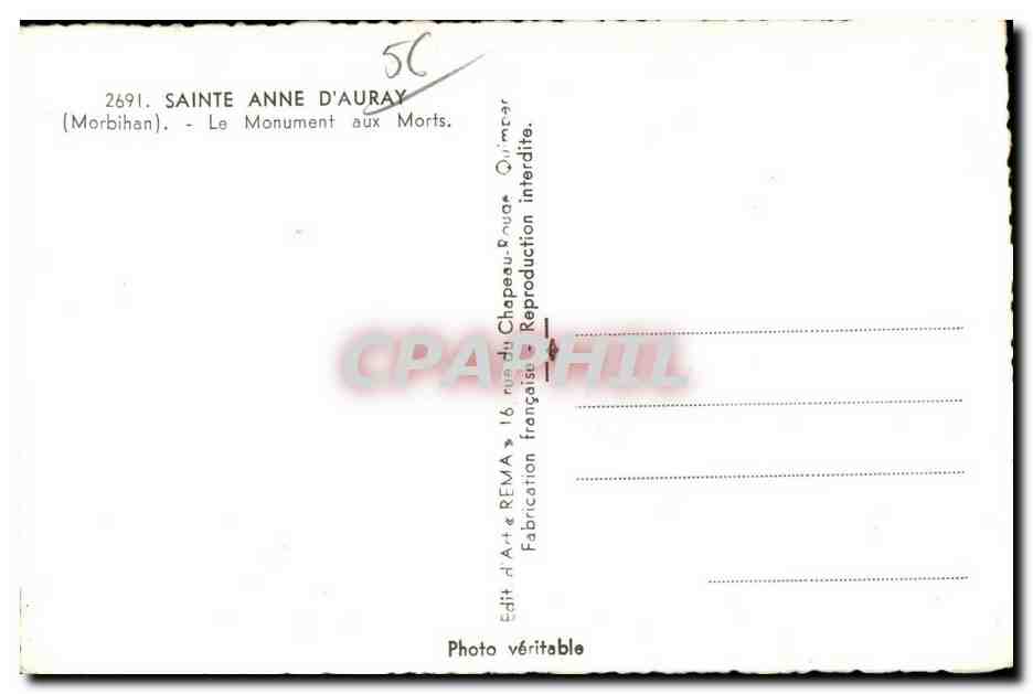 CPSM Sainte Anne D Auray (Morbihan) Le Monument aux morts  — Verso