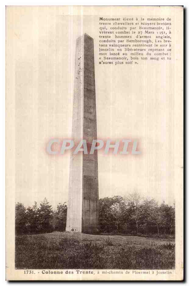 Colonne des Trente, à mi-chemin de Ploermel à Josselin — Monument élevé à la mémoire de trente chevaliers et écuyers bretons — Laurent-Néret, Nantes