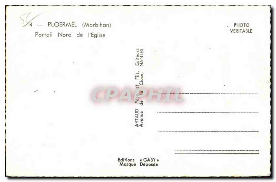 Ploermel (Morbihan) — Portail Nord de l'Église — Éditions Gaby — Verso