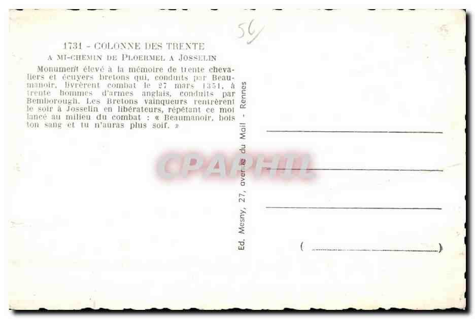 Colonne des Trente — Ploërmel à Josselin — Éd. Mesny, 27, avenue du Mail, Rennes — Verso