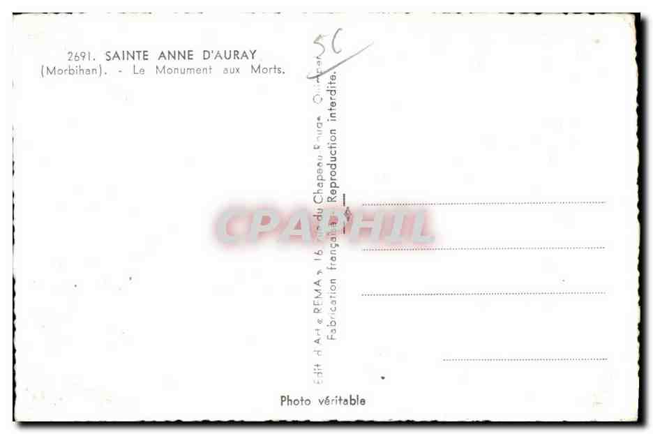 CPA Sainte Anne D Auray (Morbihan)Le Monument aux Morts — Verso