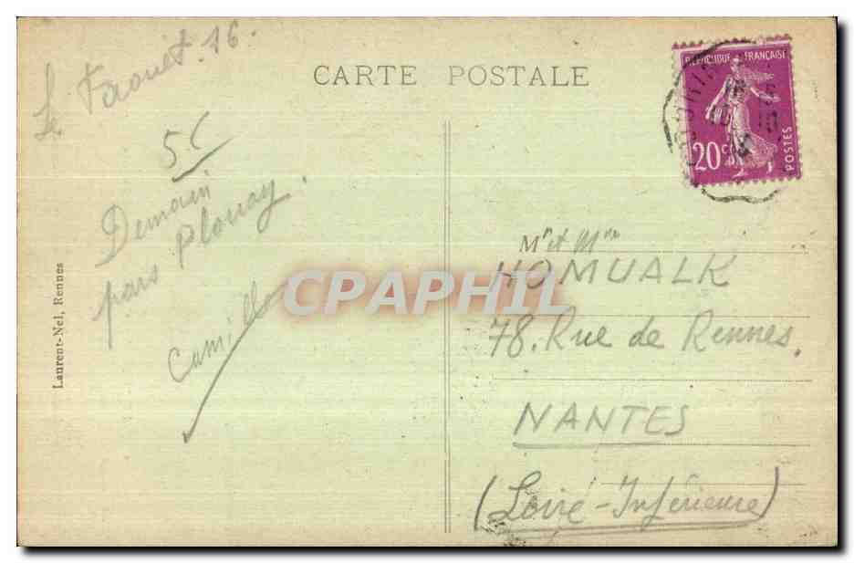 CPA Le Faouet Chapelle St Fiacre Le Jube on remargue a gauche I Un homme panier au bras grimple sur un arbre charge de  — Rückseite