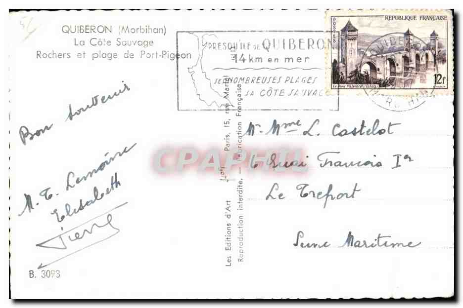 CPA Quiberon La Cote Sauvage Rochers et Plage de Port Pigeon — Rückseite