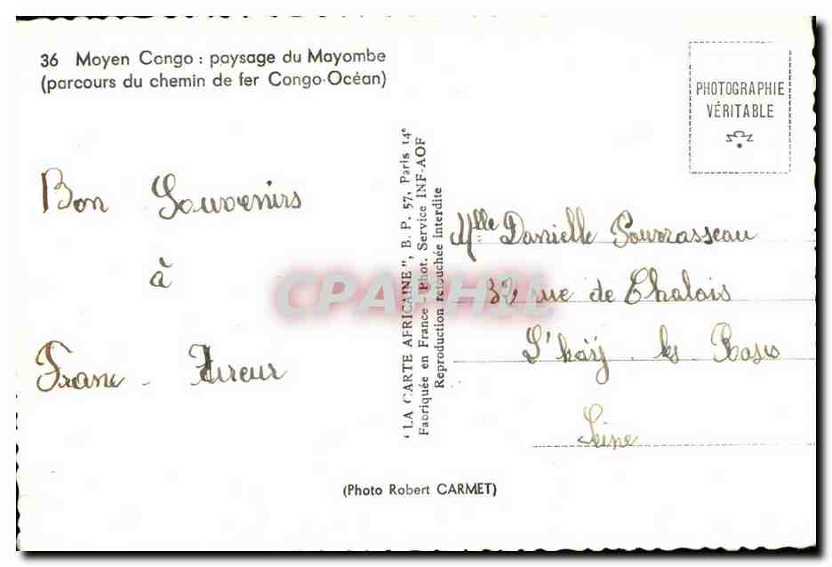 Paysage du Mayombe — parcoure du chemin de fer Congo-Océan — éditeur LA CARTE AFRICAINE, n°36 — Rückseite