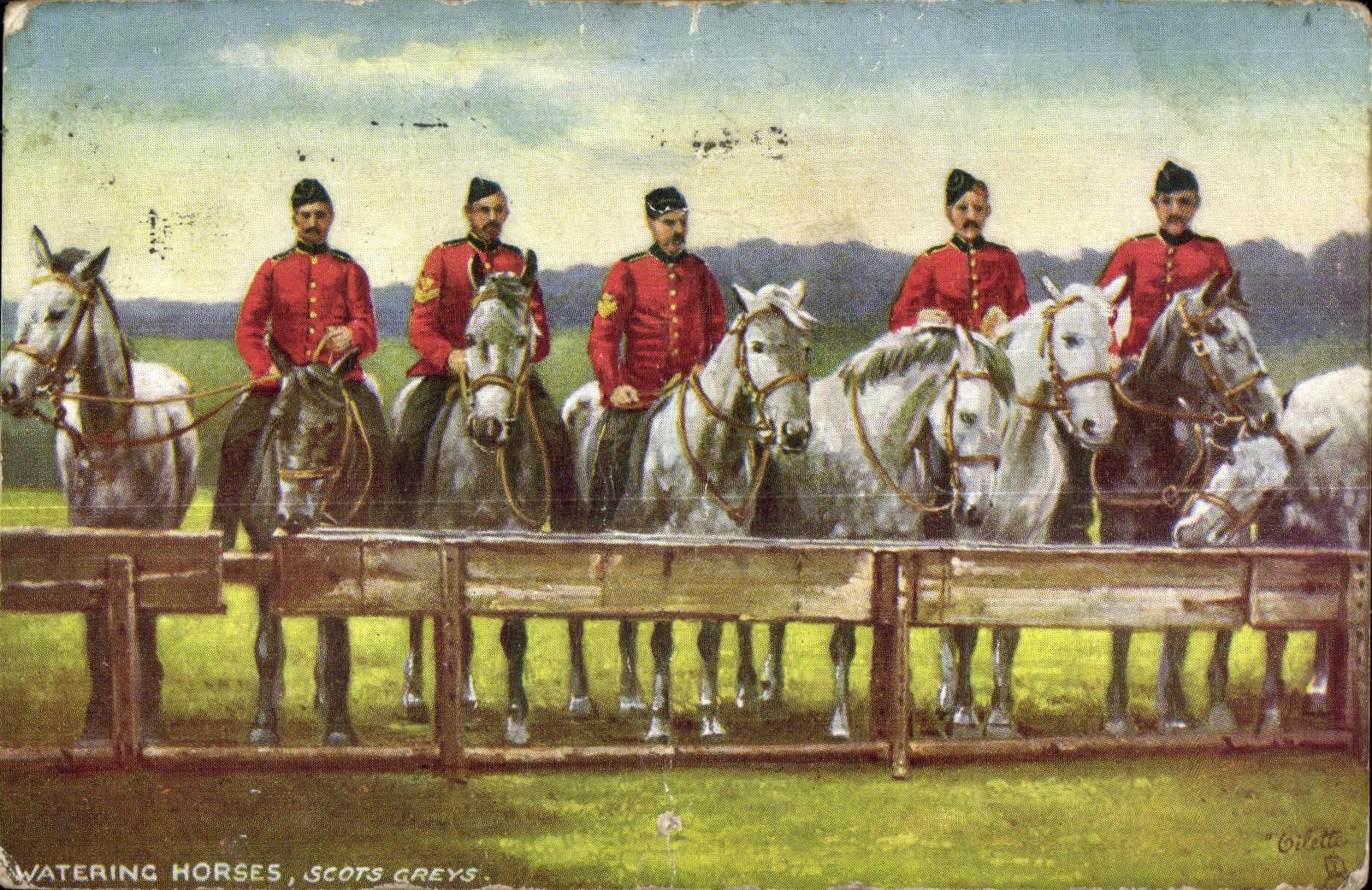 Watering Horses, Scots Greys — Tuck's Post Card, éditeur Raphael Tuck & Sons