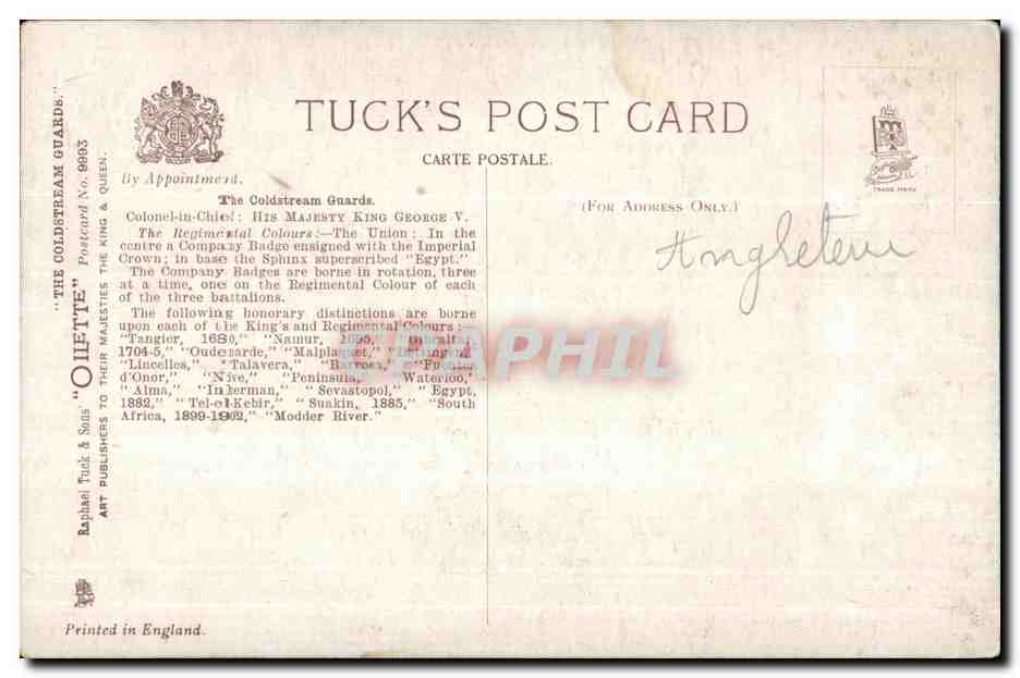 CPA The Coldstream Guards Colonel in Chief London  — Verso