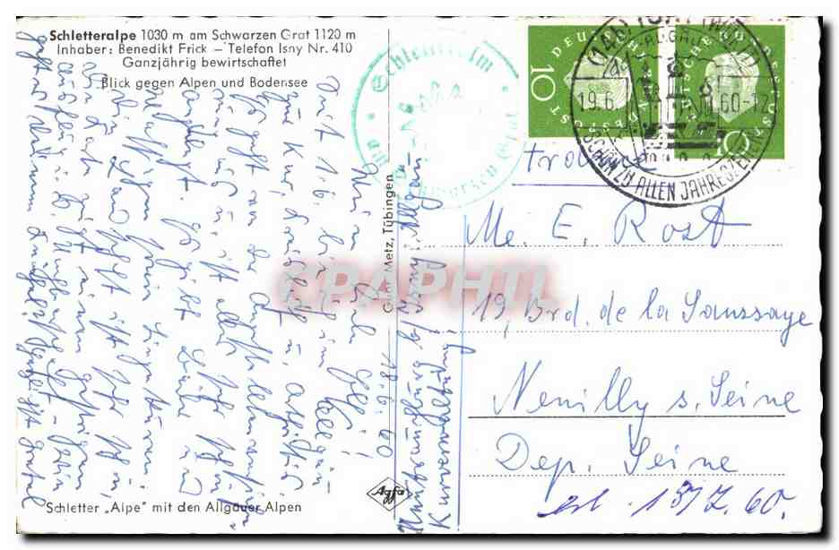 CPA Schletteralpe Schworzen Grot Inhaber Benedikt Frick Telefon Isny Ganzjahrig — Rückseite