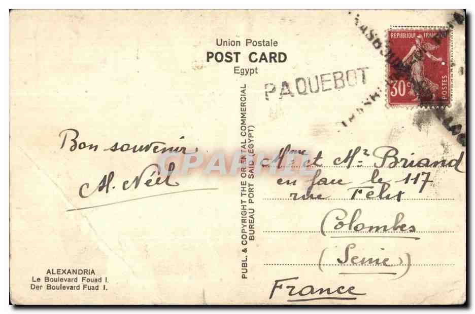 CPA Alexandria The Boulevard Fouad I Alexandria Le Boulevard Fouad I Der Boulevard Fuad I Egypt — Rückseite