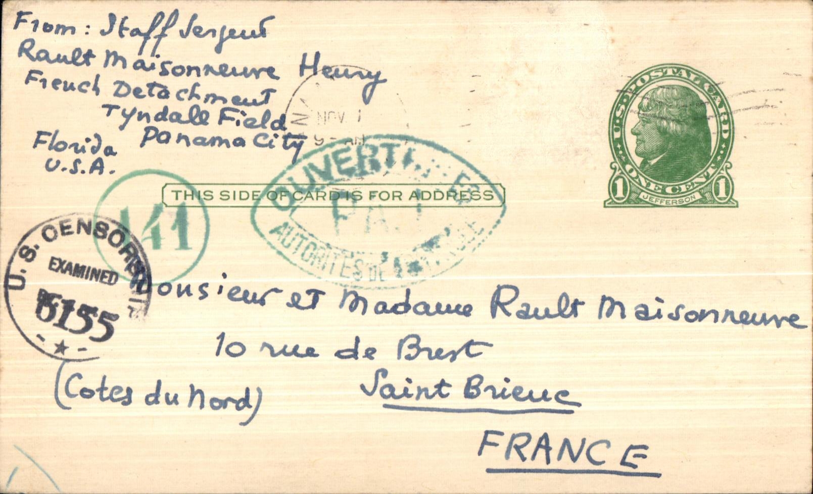 Entier Cachet Censure 1944 pour Saint Brieuc France