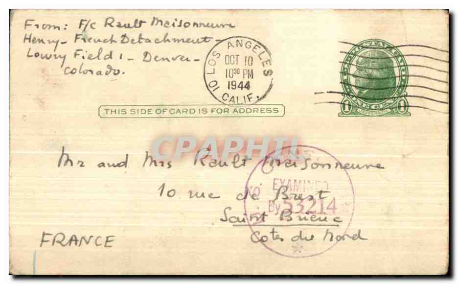 Entier Cachet Censure 1944 pour Saint Brieuc France