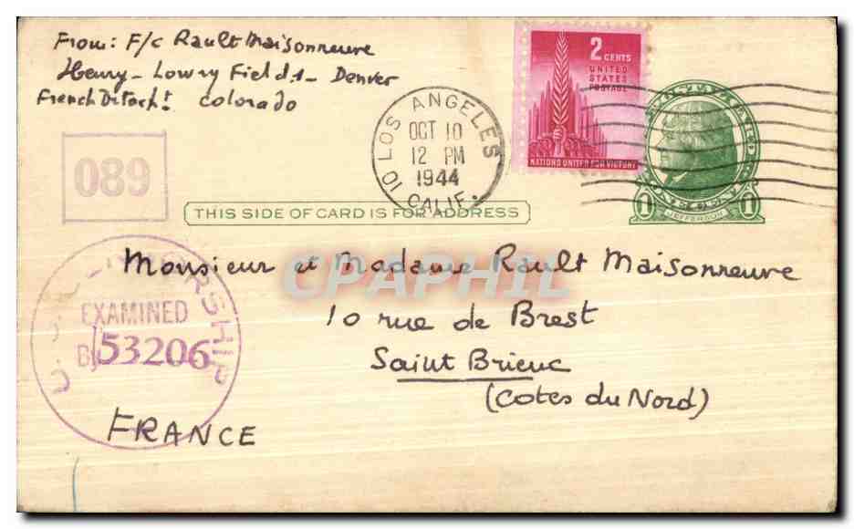 Entier Cachet Censure 1944 pour Saint Brieuc France