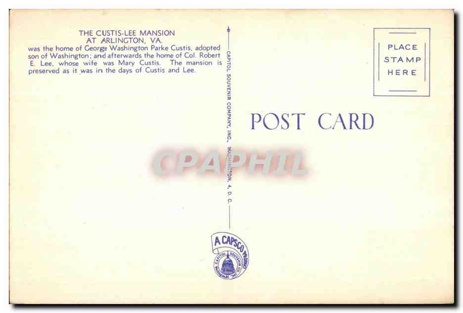 CPA Custis Lee Mansion Arlington Va — Rückseite