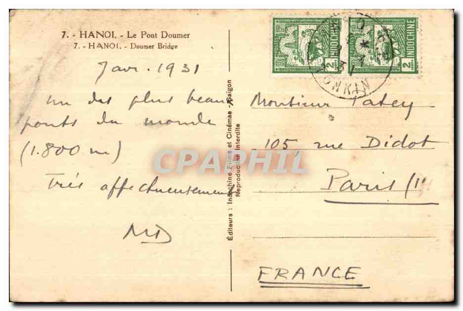 CPA Hanoi Le Pont Doumer Hanoi Doumer Bridge Vietnam Indochine — Back