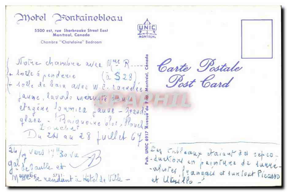 CPA Hotel Fontainebleau est rue Sherbrooke Street East Montreal Canada — Rückseite