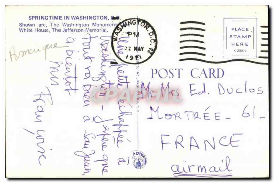 CPA Springtime In Washington Shown are The Washington Monument White House — Rückseite