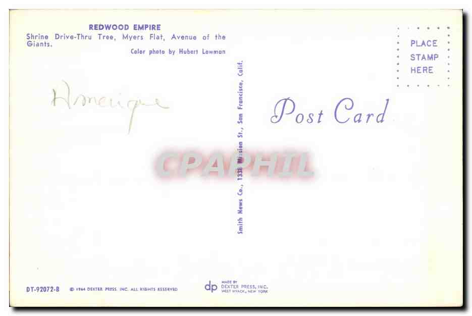 CPA Redwood Empire Shrine Drive Thru Tree Myers Flat Avenue orf the Gaints — Back