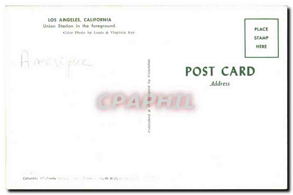 Los Angeles, Californie — Gare Union Station en premier plan — Photo couleur par Louis & Virginia Kay, publiée par Columbia — Back
