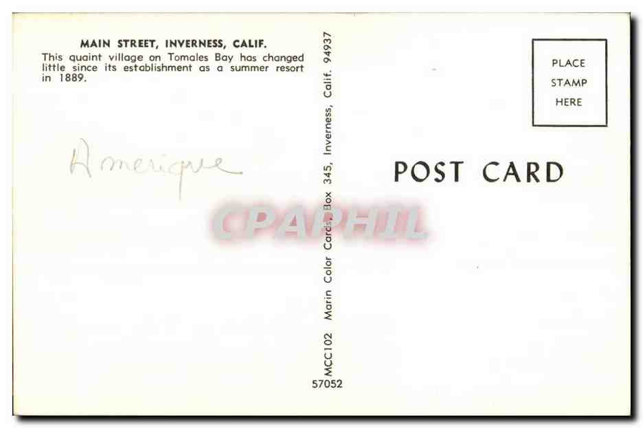 Main Street, Inverness — village de vacances — Marin Post Card — Rückseite