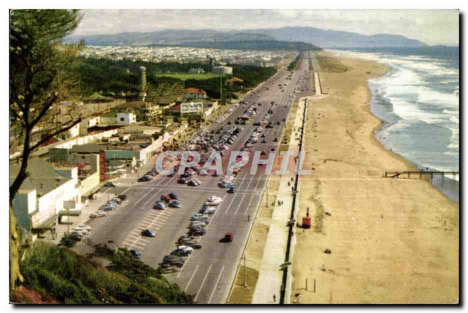 Ocean Beach, San Francisco, Californie — entre le Cliff House et le zoo de Fleishhacker, parallèle à l'autoroute Great Highway — éditeur Security Litho. Co. San Francisco