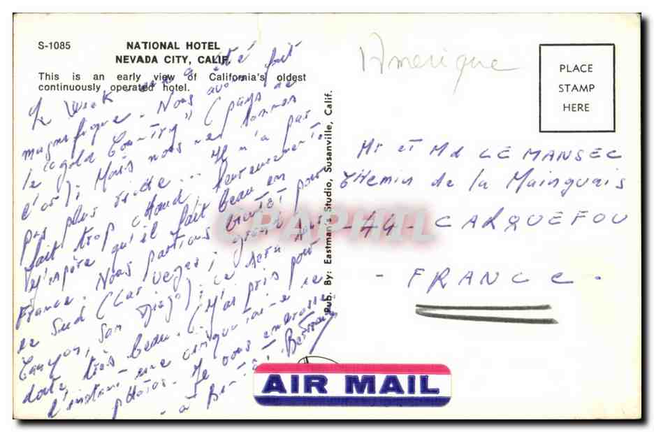 CPA National Hotel Nevada City Calif This is an early view of California s oldes continusly — Back