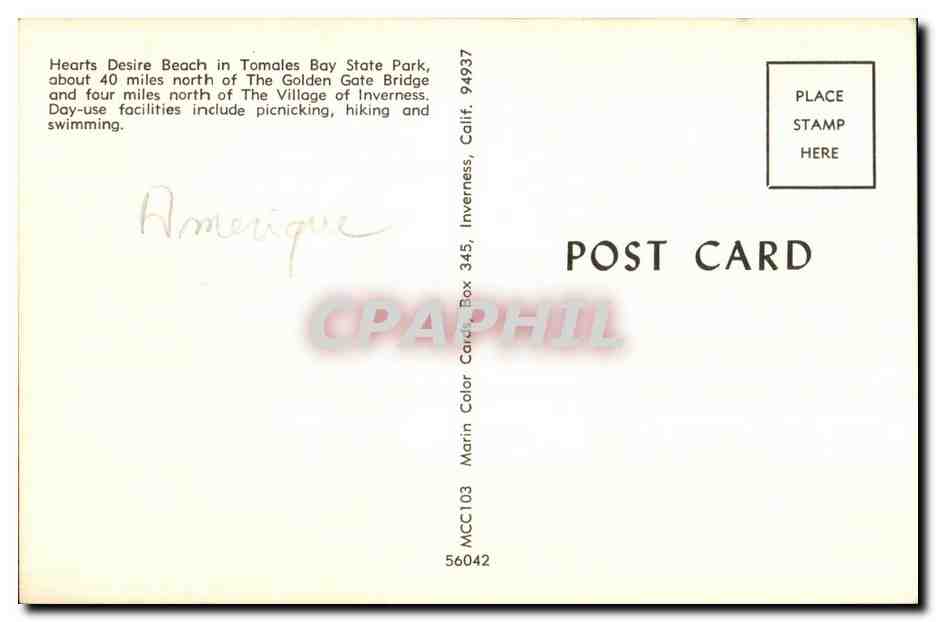 Hearts Desire Beach — Tomales Bay State Park, Californie — Marin Color Cards, n° MCC103 — Back