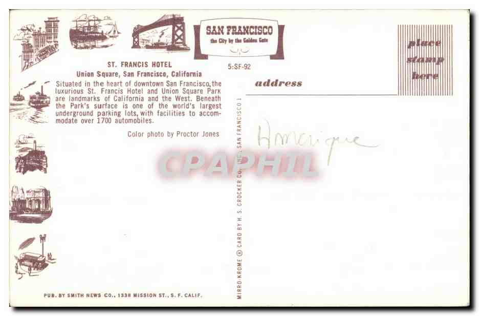 Union Square, San Francisco — St. Francis Hotel et parc — H. S. Crocker Co. — Back
