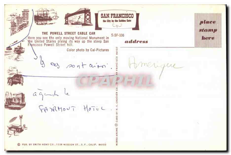 San Francisco — Powell Street Cable Car — Smith News Co. 5:SF-106 — Back