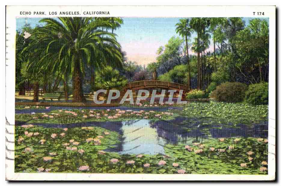 Echo Park, Los Angeles, California — vue du lac aux nénuphars avec pont — Tichnár Art Company, T 174