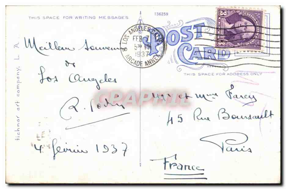 Echo Park, Los Angeles, California — vue du lac aux nénuphars avec pont — Tichnár Art Company, T 174 — Back