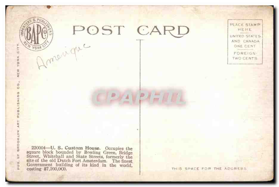 CPA US Custom House New York City — Rückseite