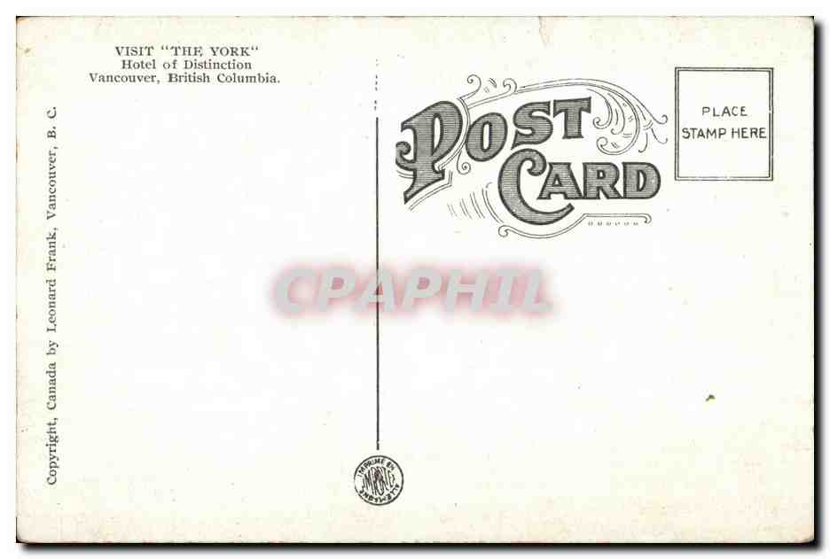 CPA Hotel York Vancouver B C Corner Robson and Howe Streets — Back
