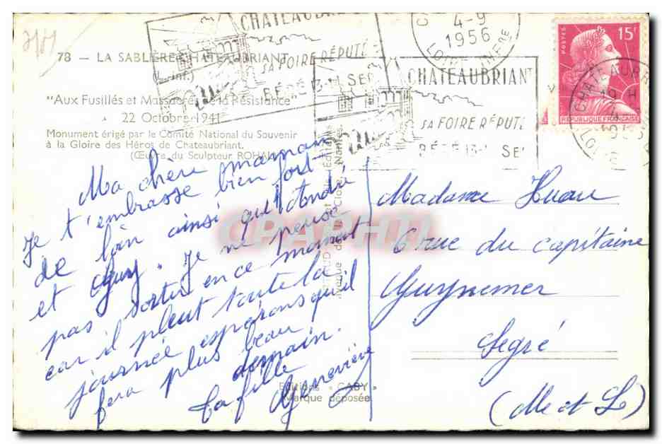 La Sabliere - Chateaubriant - Aux Fusilles et Massacres de la Resistance Octobre 1941 - CPA  — Rückseite