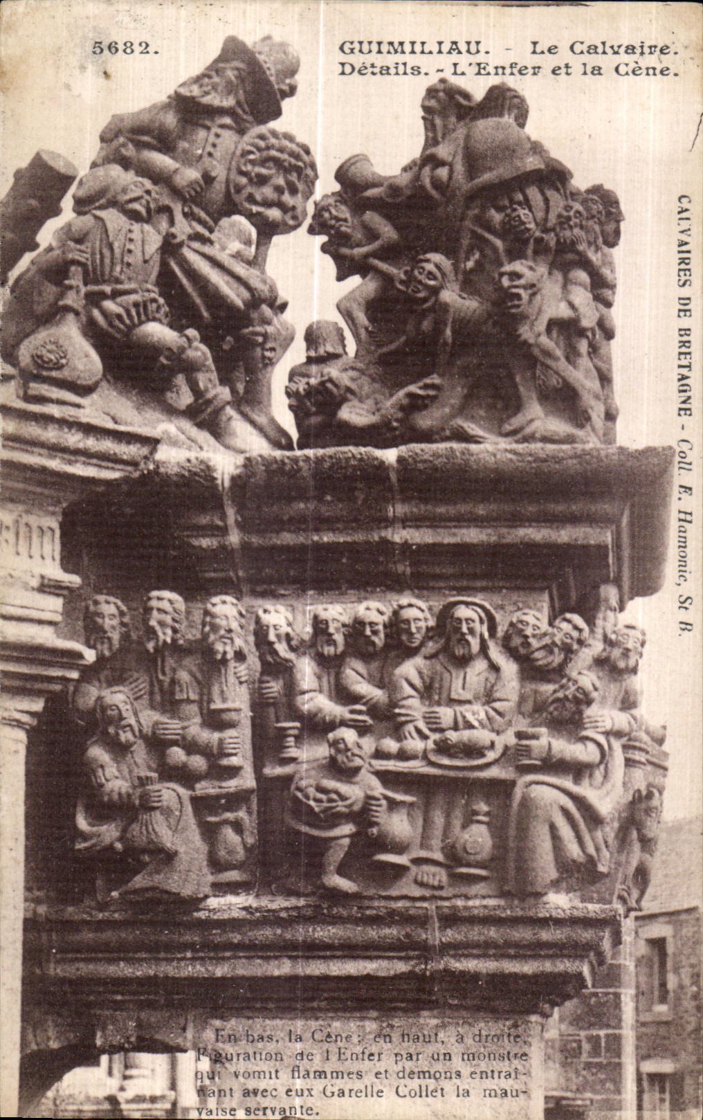 CPA Guimiliau Le Calvaire Details L Enfer et la Cene