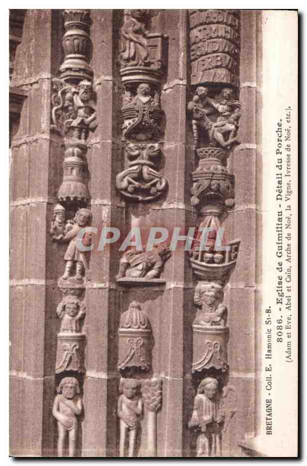 Detail des Portals der Kirche von Gréminiac — Adam, Eva, Abel, Kain, die Weinrebe, das Noahsche Schiff, etc. — E. Hamonic, Serie 8, n° 8086