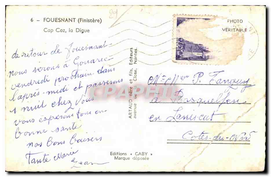 CPSM Fouesnant (Finistere) Cap coz la Digue — Rückseite